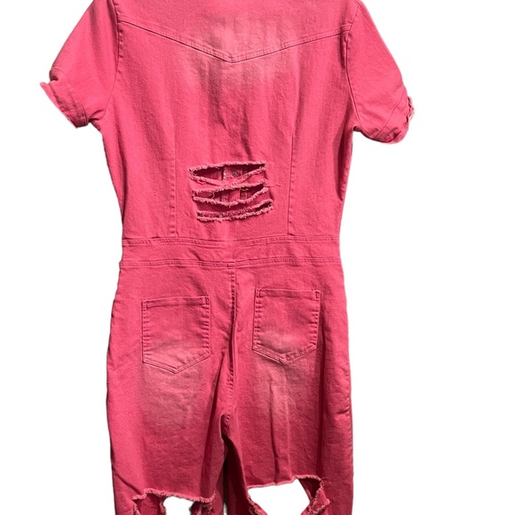 Fashion Women's Distressed and Cutout Pink Denim Jumpsuit Romper - Picture 8 of 9